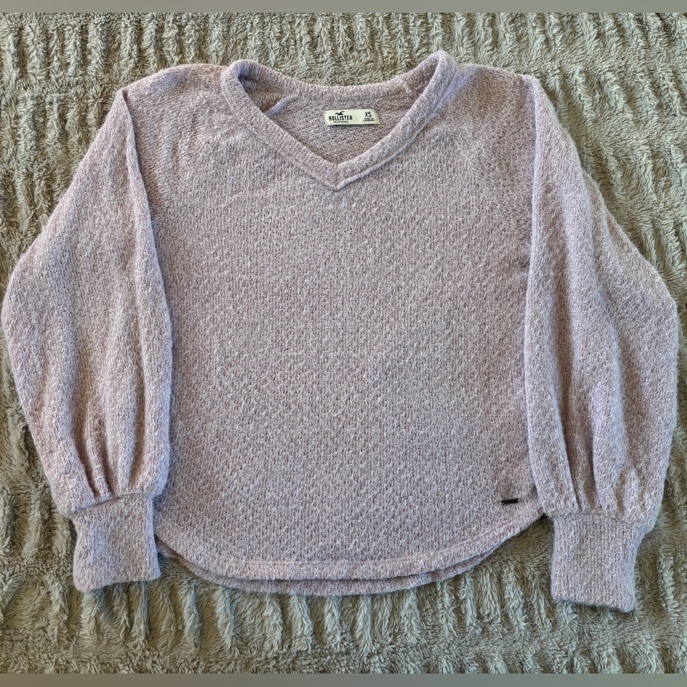 Hollister Lavender Knit V-Neck Sweater XS Balloon Sleeve Soft Cozy Top